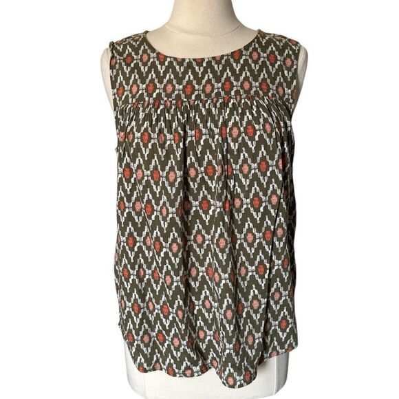 Sonoma Sleeveless Boho Blouse  Olive‎ Green White Coral Geometric Print Sz Large - Picture 1 of 6